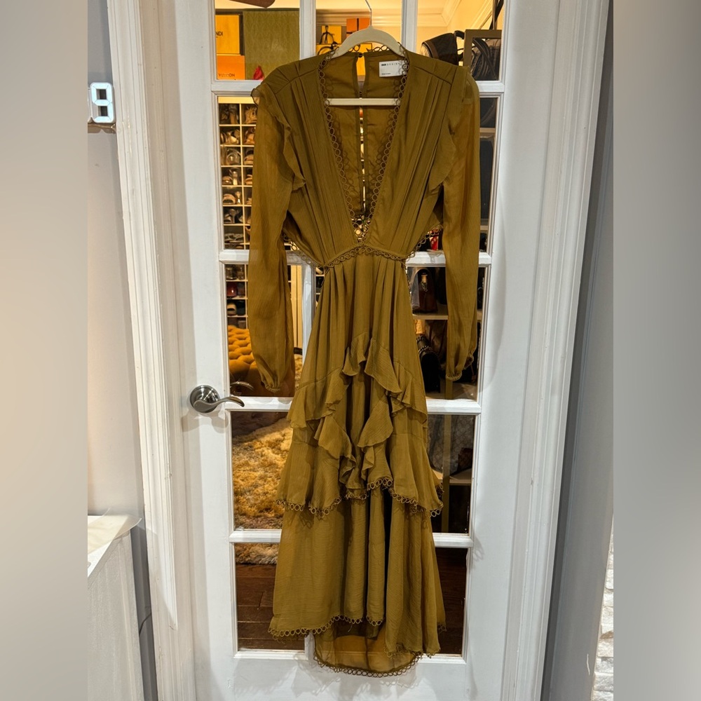 🌞 ASOS Mustard Ruffle Cutout Tiered Midi Dress with Lace Trim 🌞 - Picture 6 of 9
